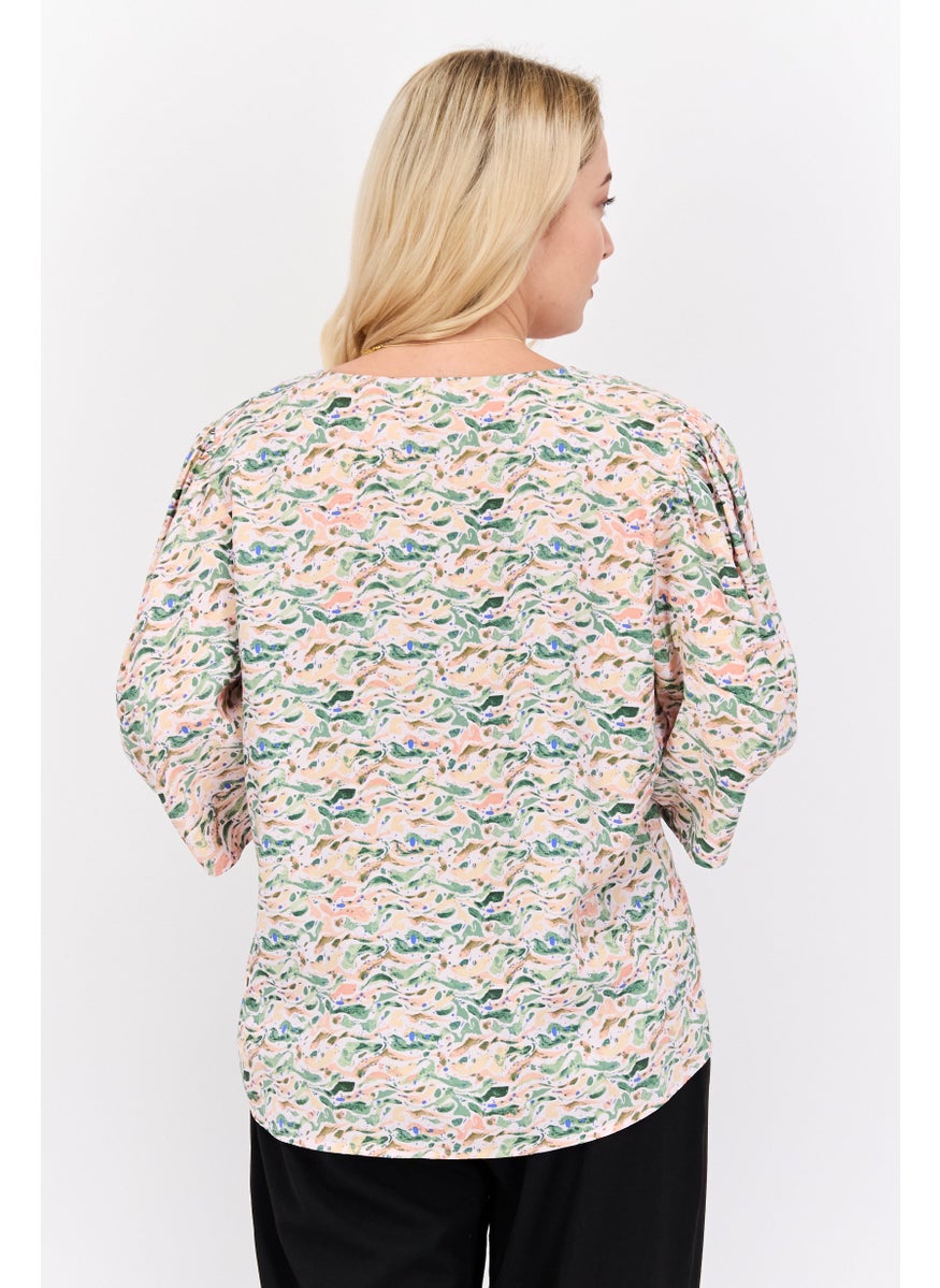Women V Neck Short Sleeve Allover Print Tunic Top, Green Combo