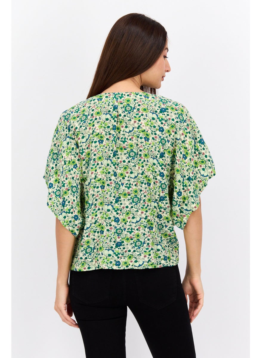 Women Spread Collar Short Sleeve Floral Print Blouse, Green