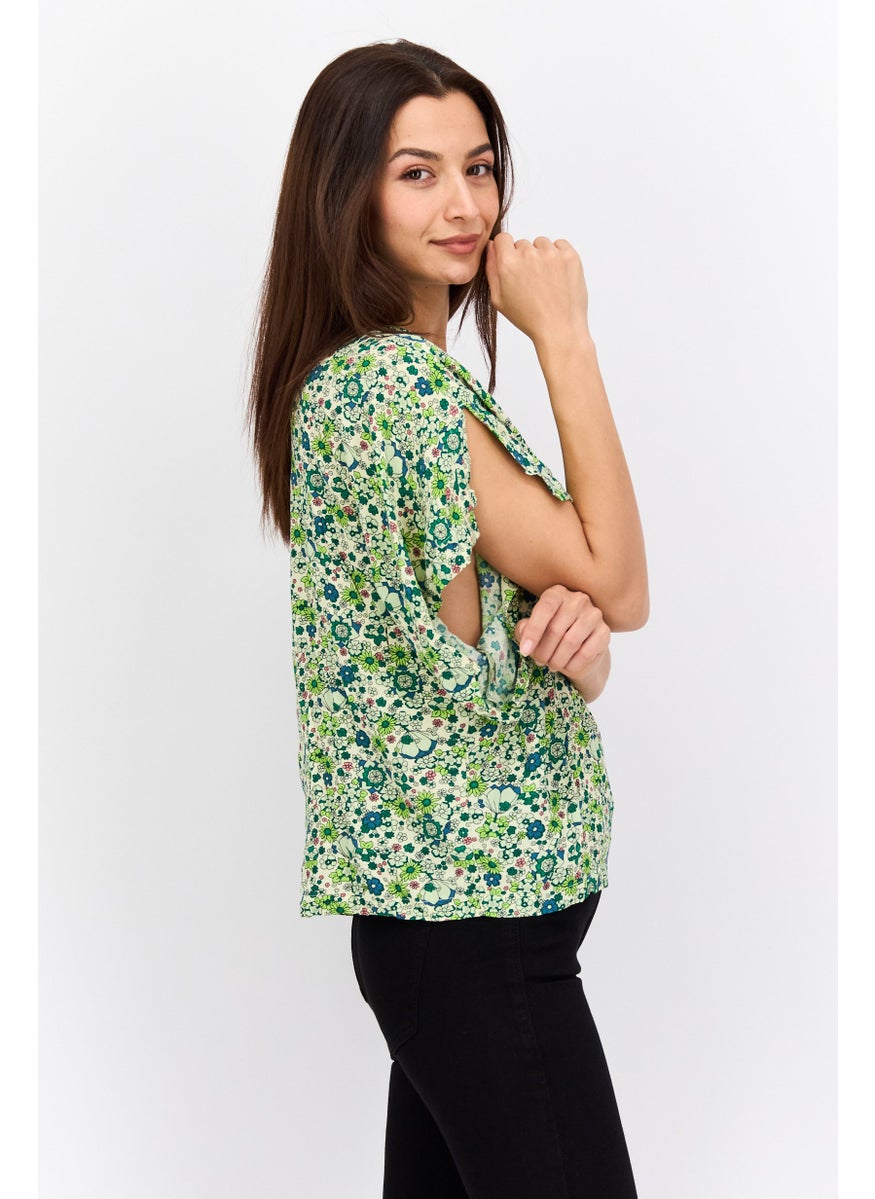 Women Spread Collar Short Sleeve Floral Print Blouse, Green