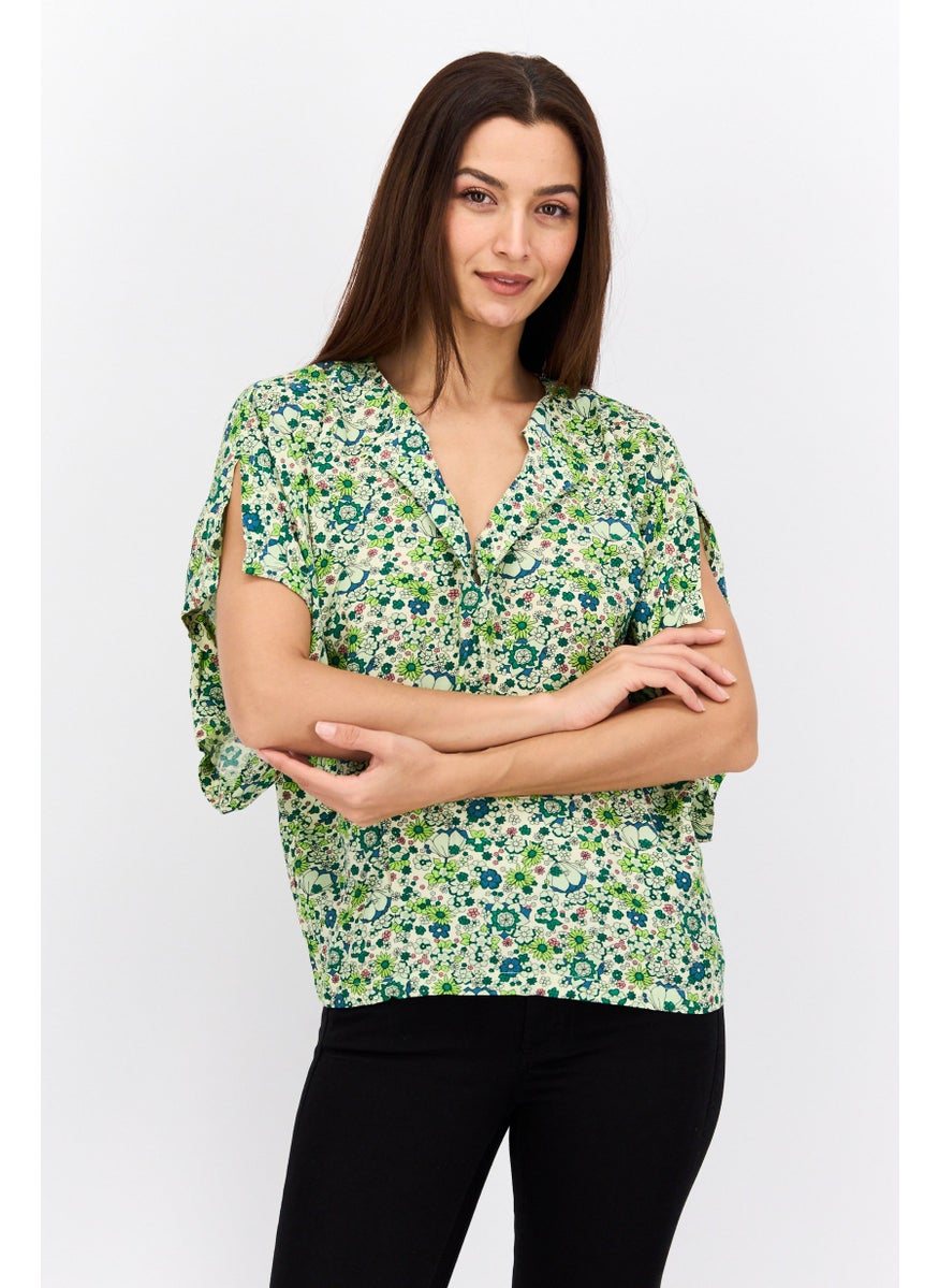 Women Spread Collar Short Sleeve Floral Print Blouse, Green