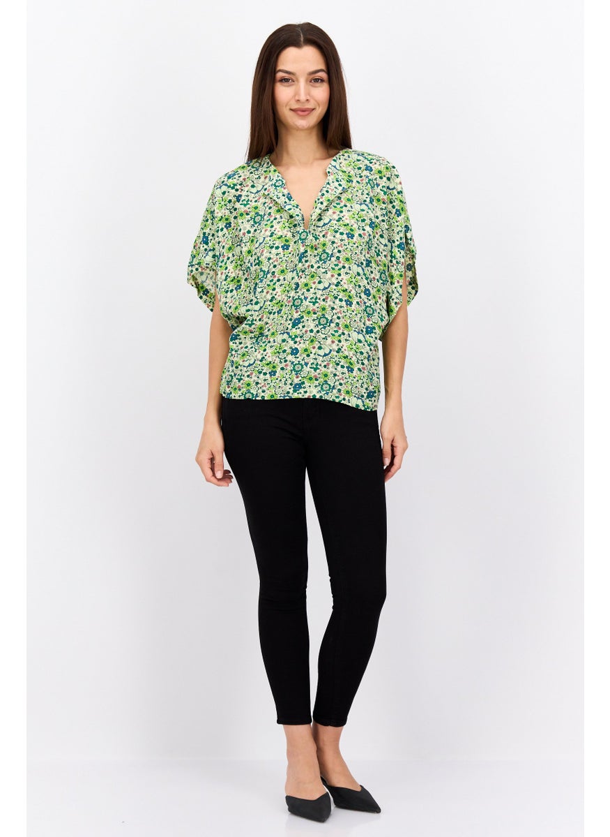 Women Spread Collar Short Sleeve Floral Print Blouse, Green