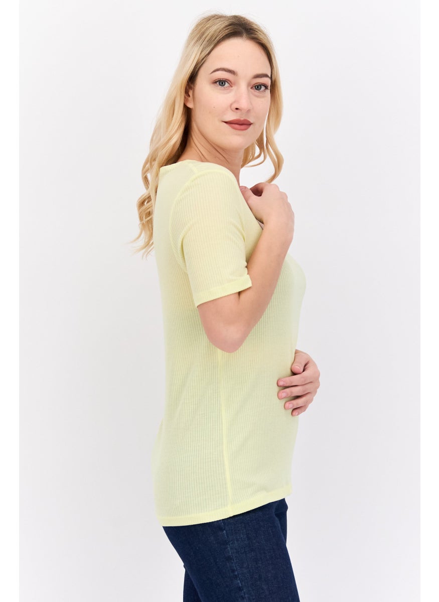 Women Square Neck Short Sleeve Ribbed Top, Yellow