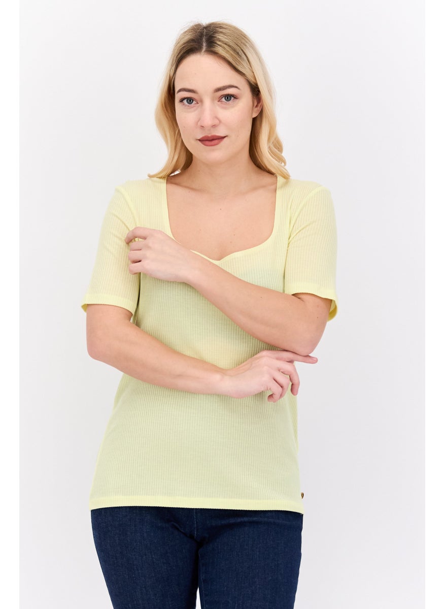 Women Square Neck Short Sleeve Ribbed Top, Yellow