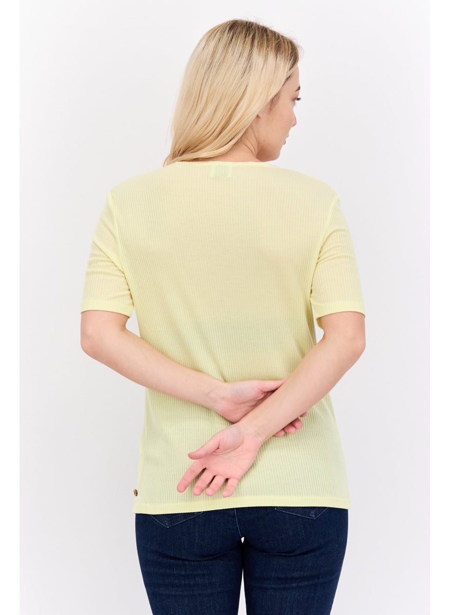 Women Square Neck Short Sleeve Ribbed Top, Yellow