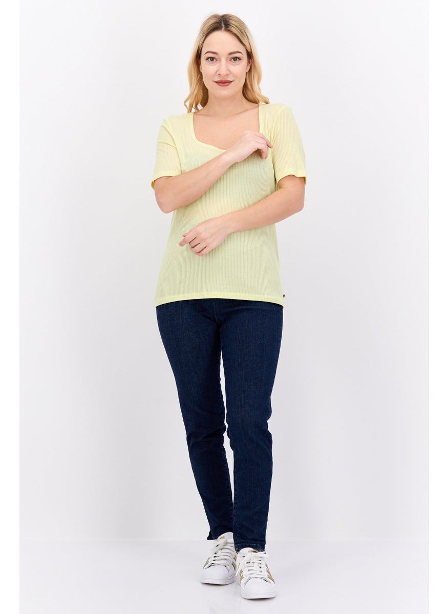 Women Square Neck Short Sleeve Ribbed Top, Yellow