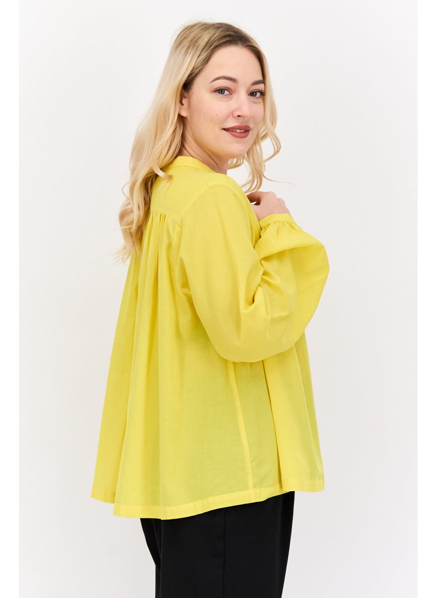 Women Round Neck Long Sleeve Solid Blouse, Yellow