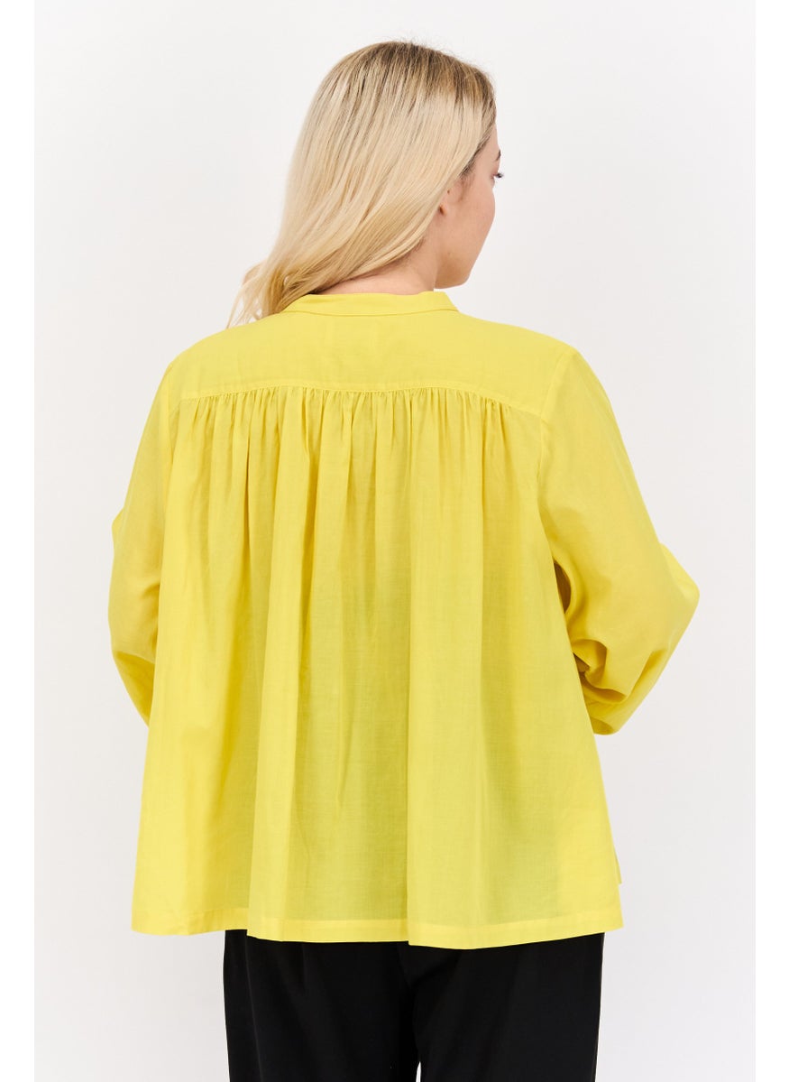 Women Round Neck Long Sleeve Solid Blouse, Yellow