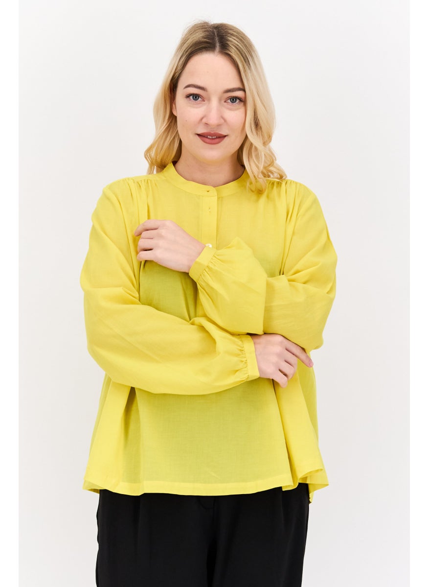 Women Round Neck Long Sleeve Solid Blouse, Yellow