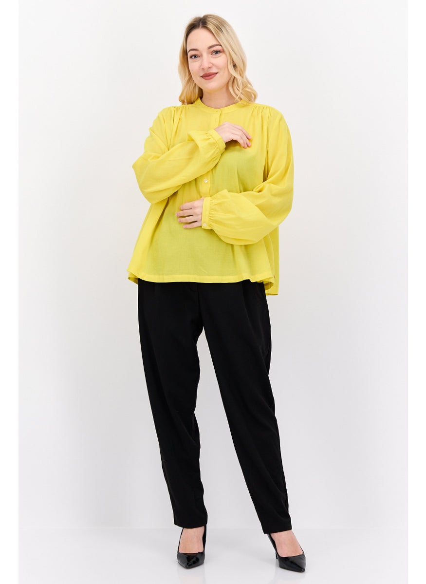 Women Round Neck Long Sleeve Solid Blouse, Yellow