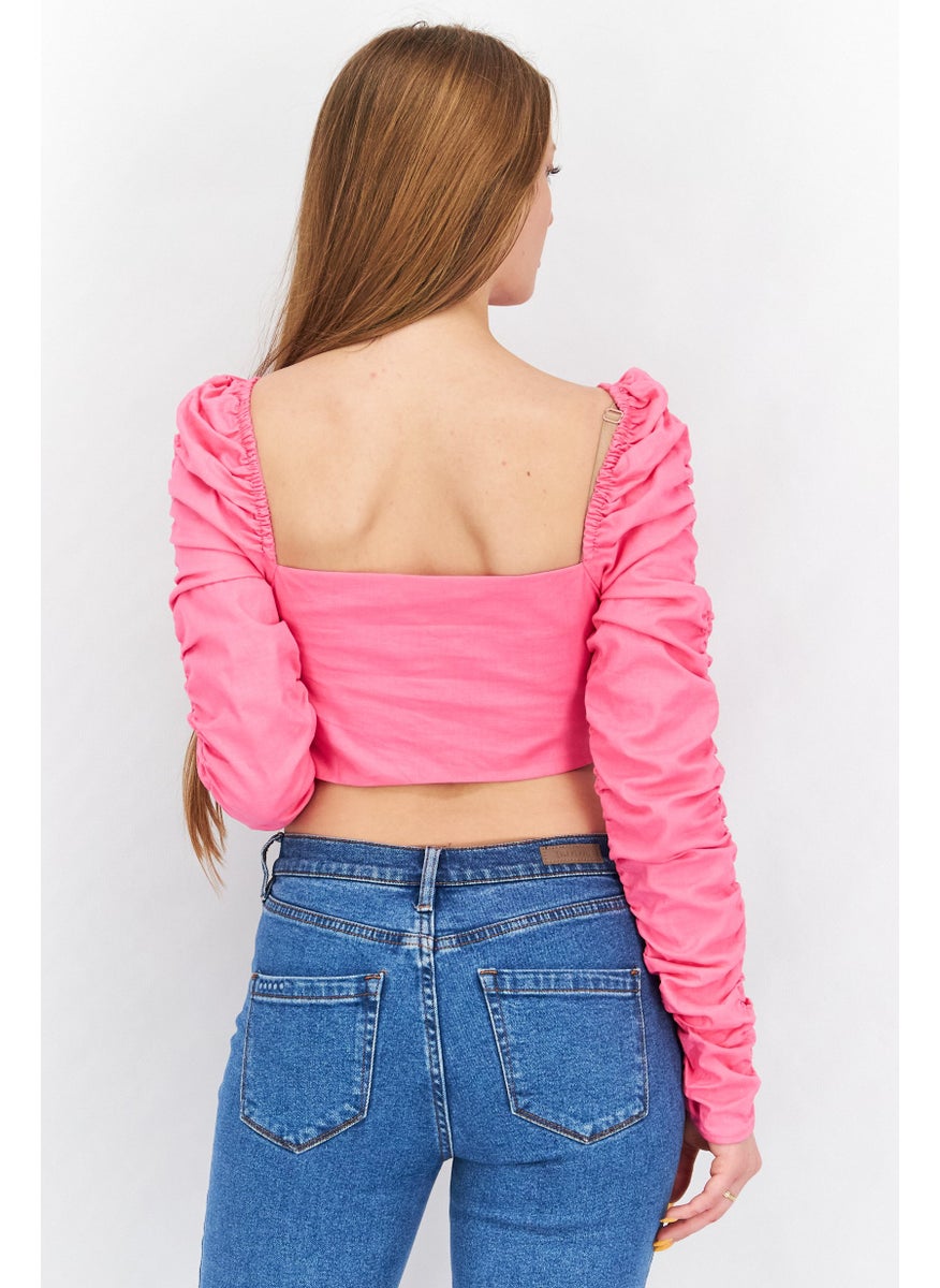 Women Sweetheart Neck Long Sleeve Ruched Top, Pink