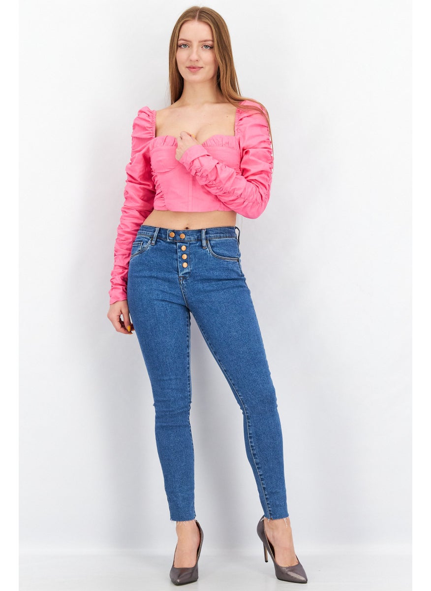 Women Sweetheart Neck Long Sleeve Ruched Top, Pink