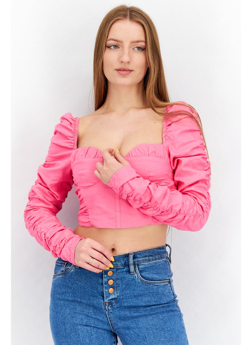 Women Sweetheart Neck Long Sleeve Ruched Top, Pink