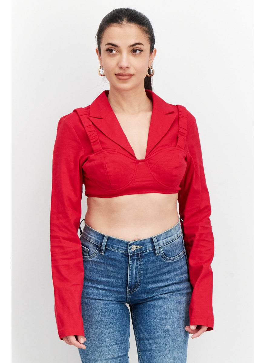 Women Notched Collar Long Sleeve Textured Crop Top, Red