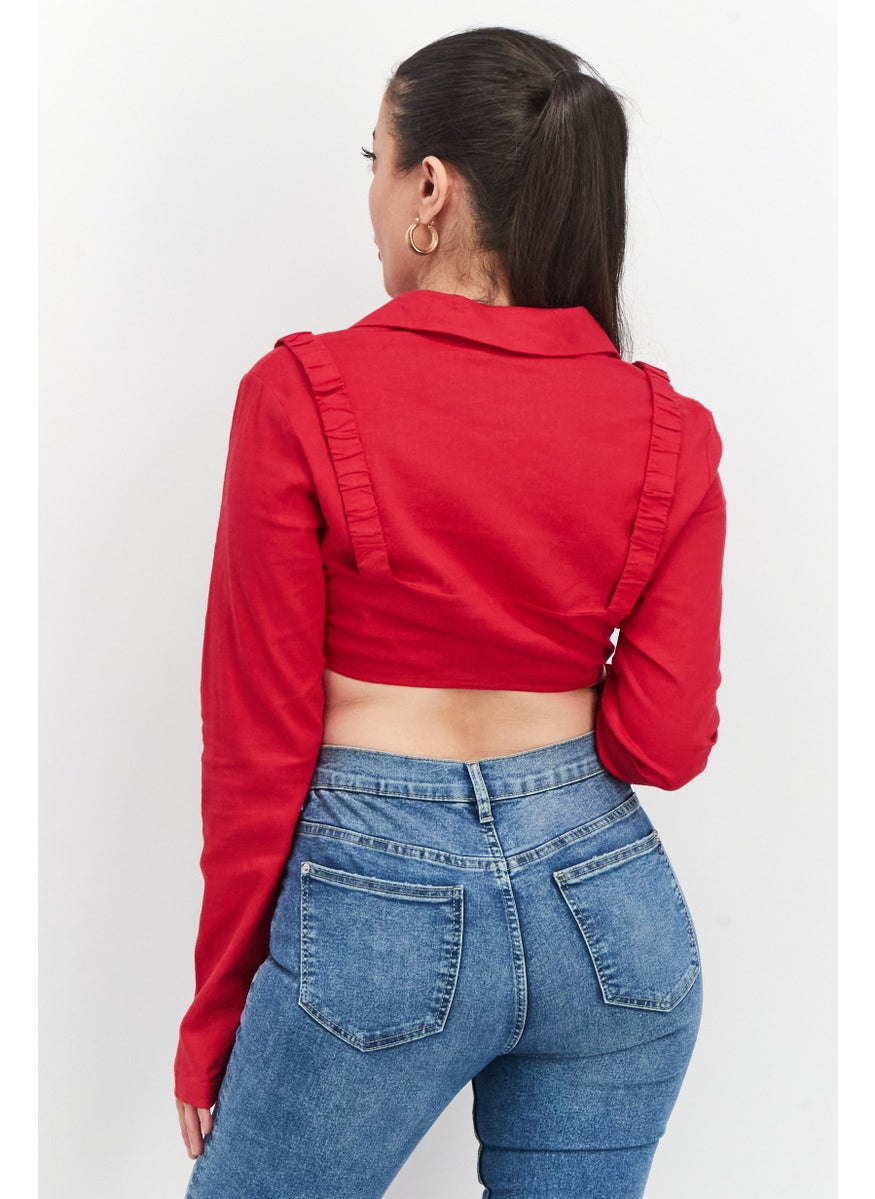 Women Notched Collar Long Sleeve Textured Crop Top, Red