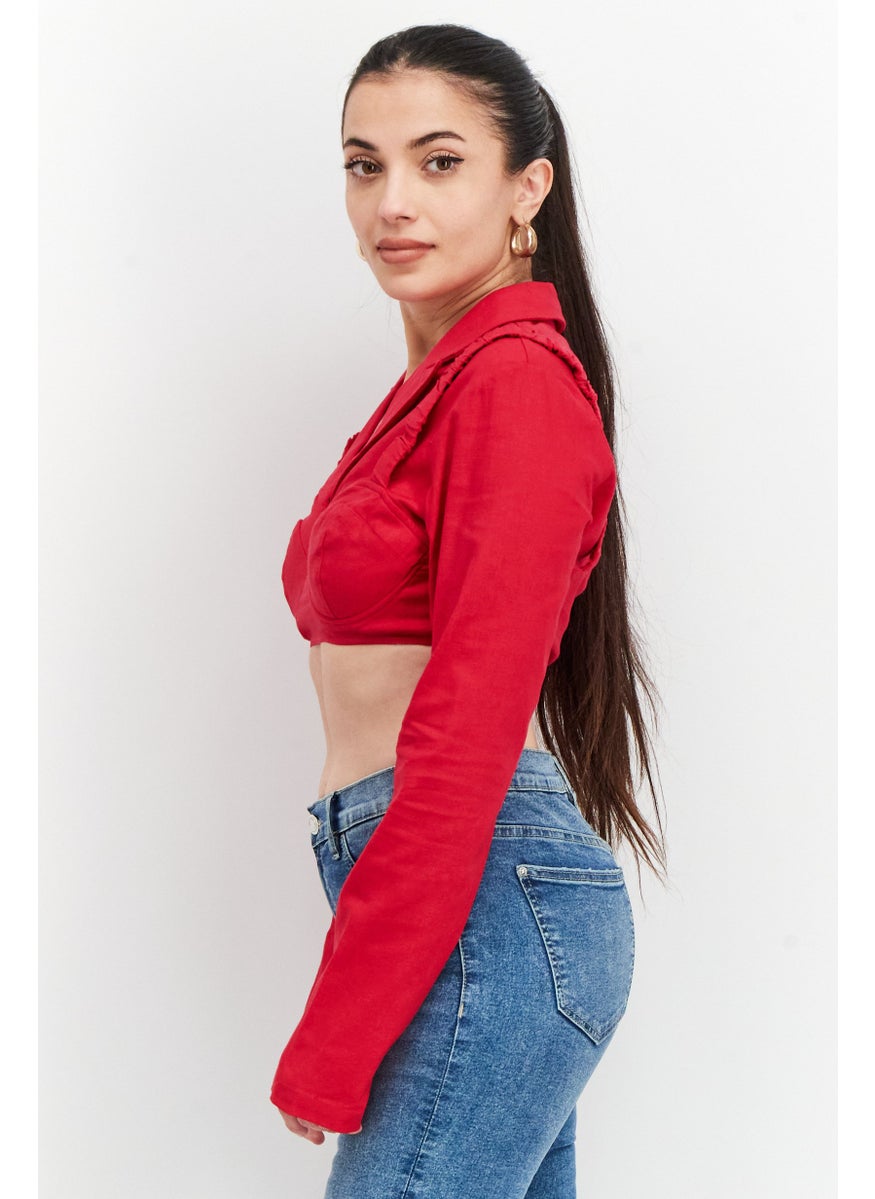 Women Notched Collar Long Sleeve Textured Crop Top, Red