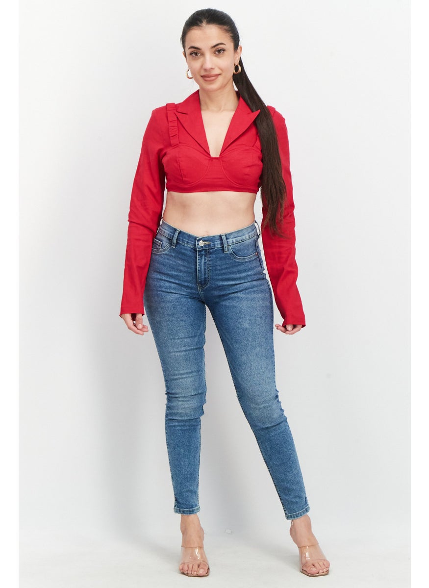 Women Notched Collar Long Sleeve Textured Crop Top, Red