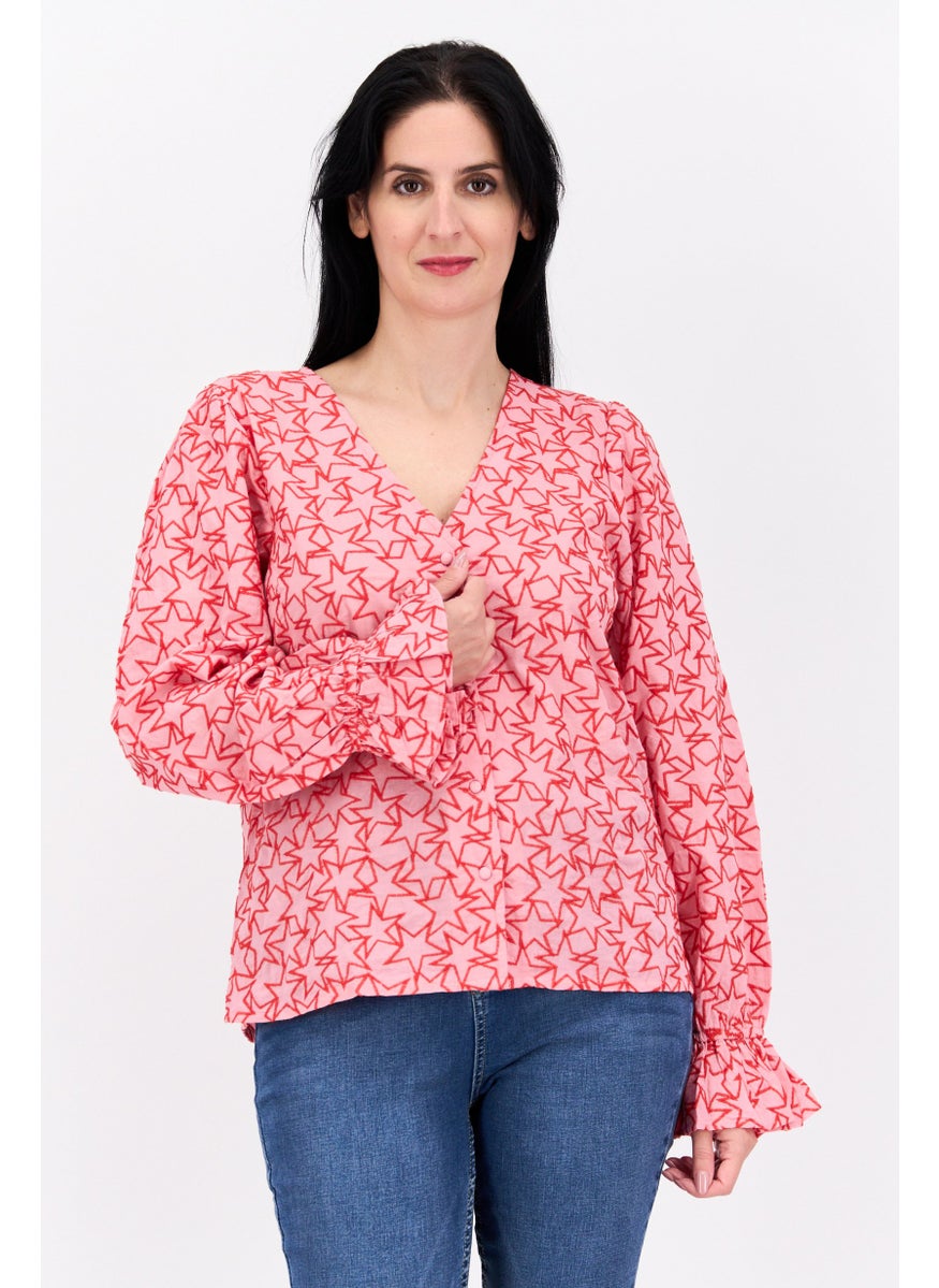 Women V-Neck Long Sleeve Embroidered Blouse, Pink