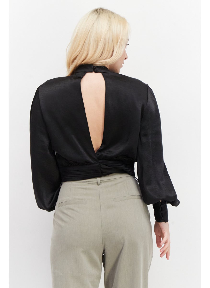Women High Neck Long Sleeves Satin Blouse, Black