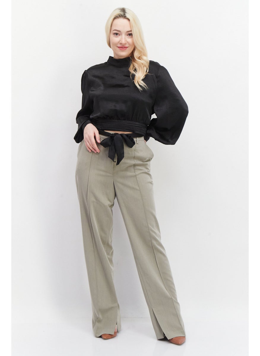 Women High Neck Long Sleeves Satin Blouse, Black