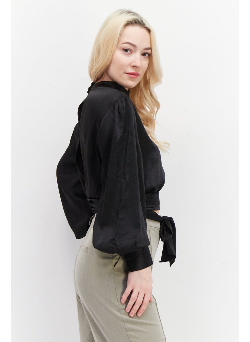 Women High Neck Long Sleeves Satin Blouse, Black
