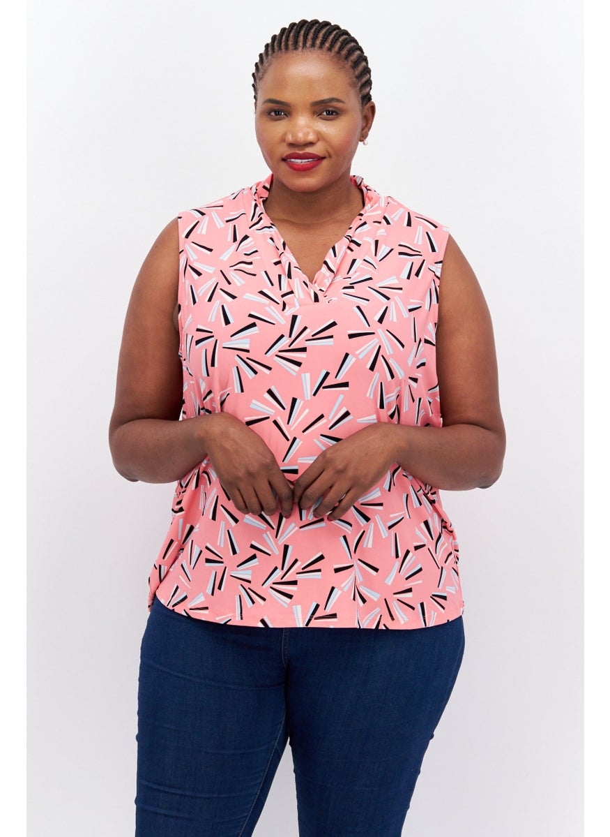 Women Plus Size V Neck Sleeveless Shirt, Pink Combo