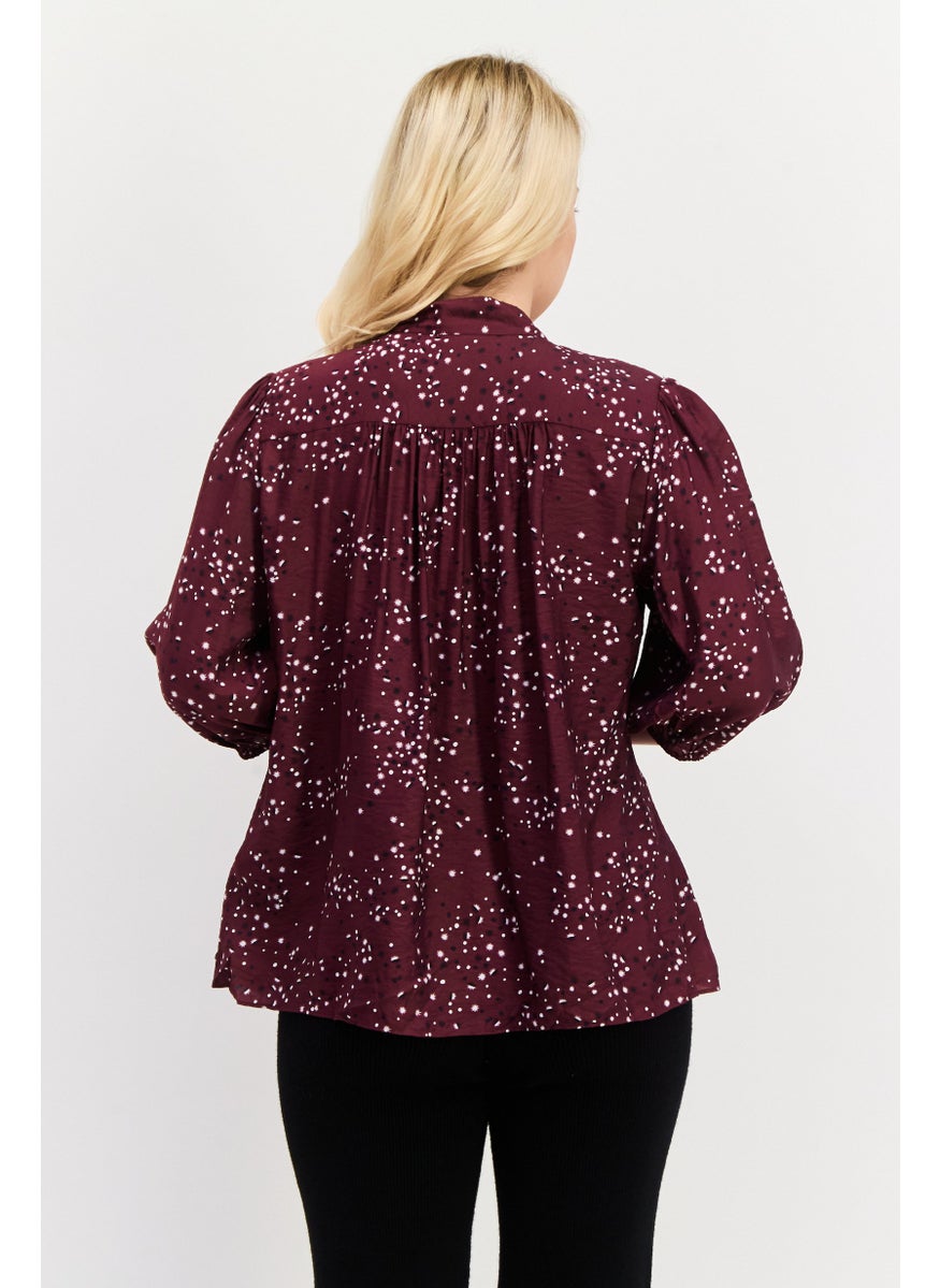 Women Tie Neck 3/4th Sleeve Allover Print Shirt, Maroon