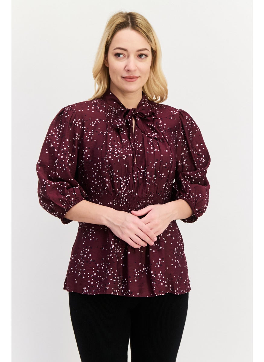 Women Tie Neck 3/4th Sleeve Allover Print Shirt, Maroon