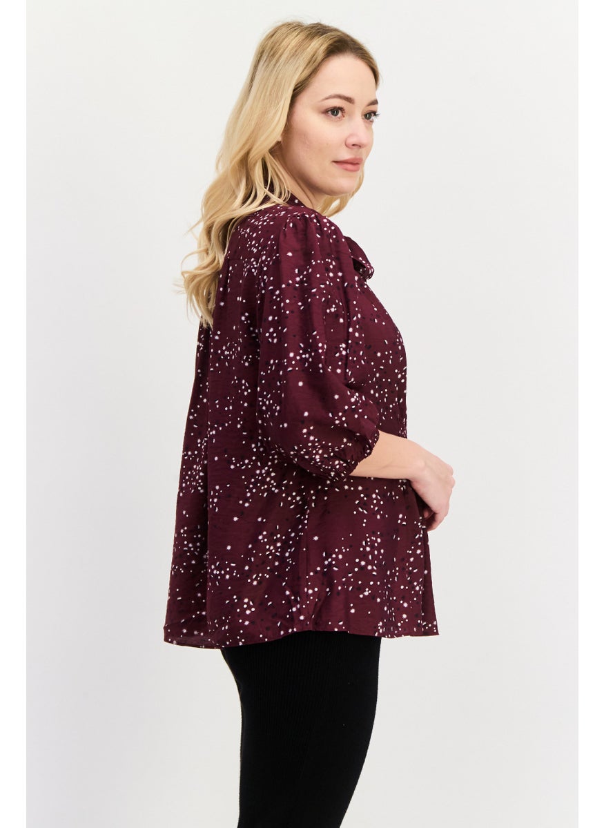 Women Tie Neck 3/4th Sleeve Allover Print Shirt, Maroon