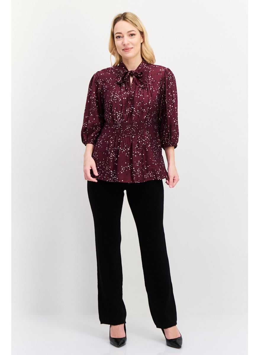 Women Tie Neck 3/4th Sleeve Allover Print Shirt, Maroon