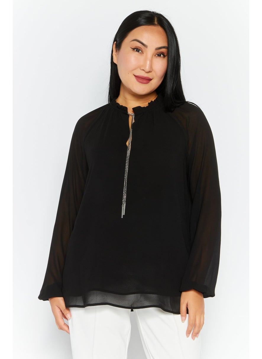 Women Tie Neck Long Sleeves Plain Blouse, Black