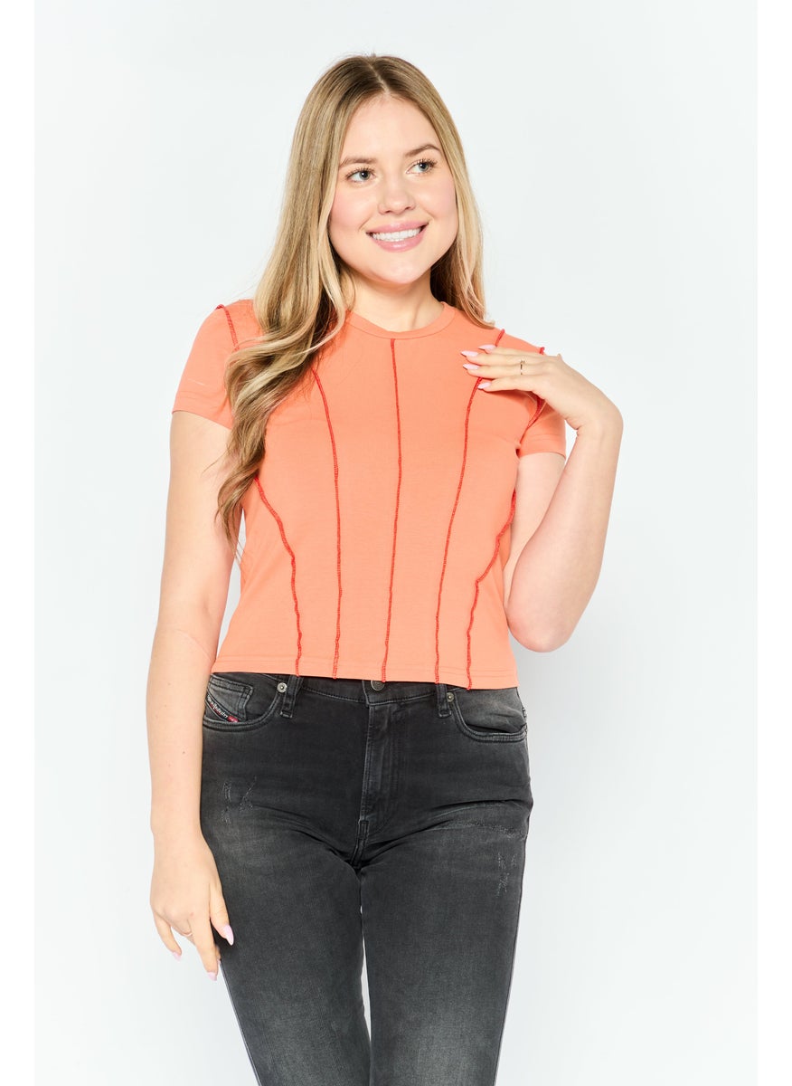 Women Crew Neck Short Sleeve Textured Top, Orange