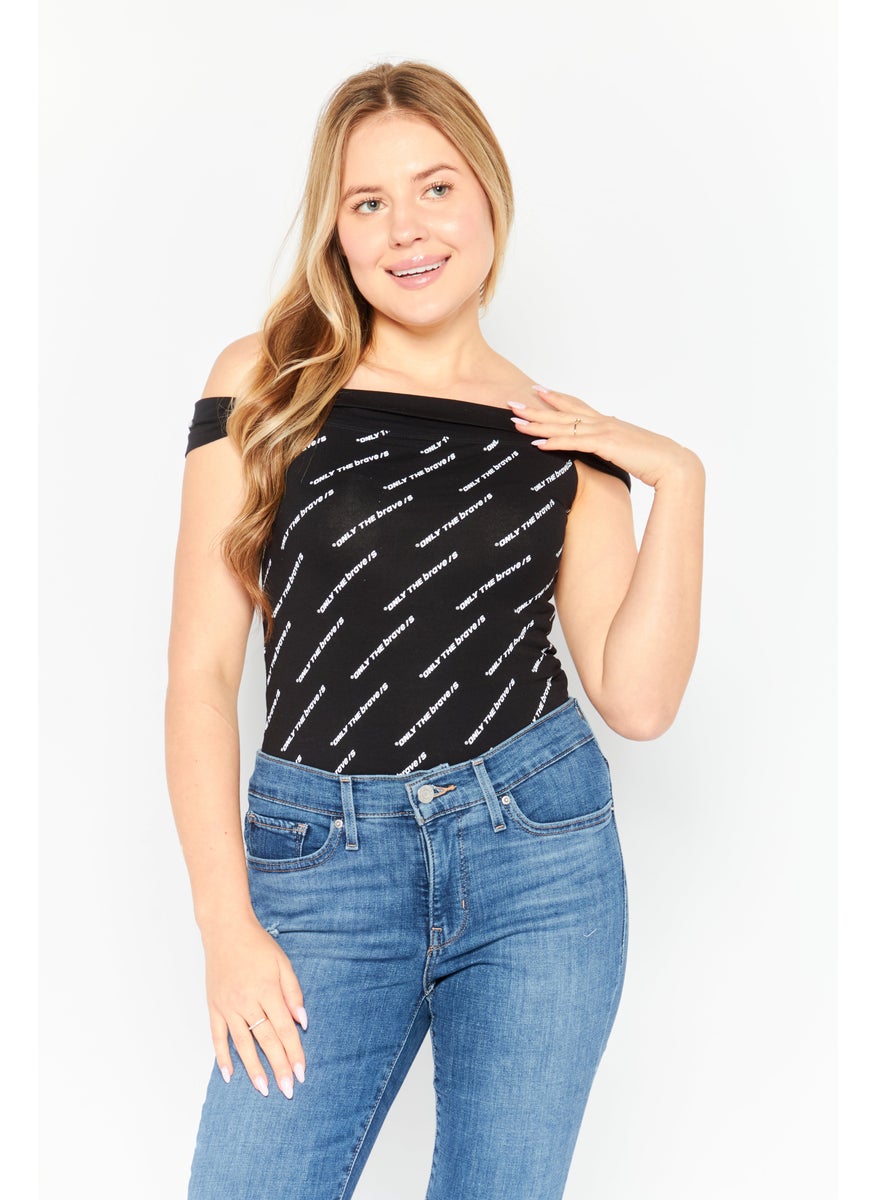 Women Allover Print Cap Sleeve Bodysuits, Black