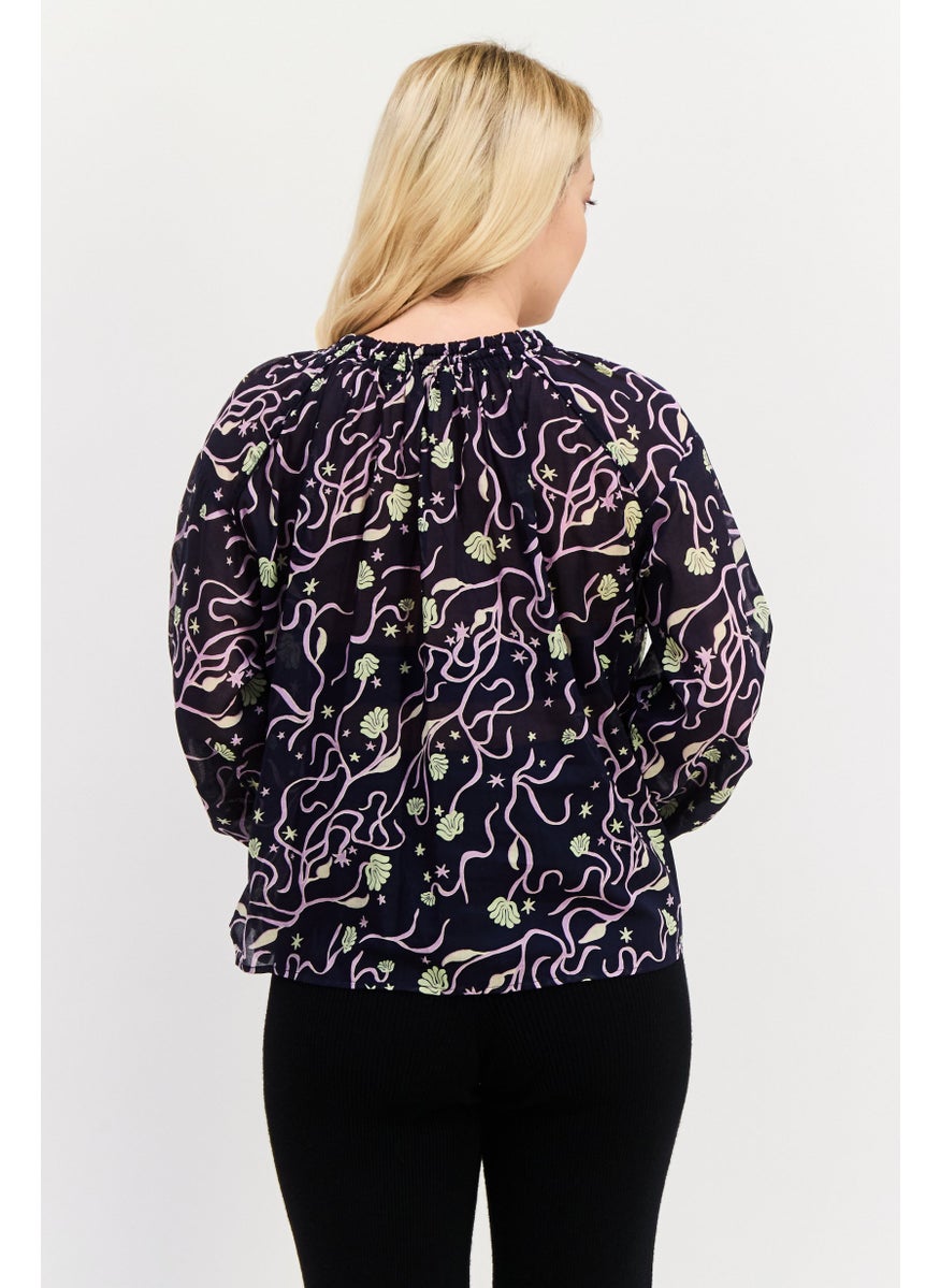 Women Tie Neckline Allover Print Long Sleeve Top, Navy Blue