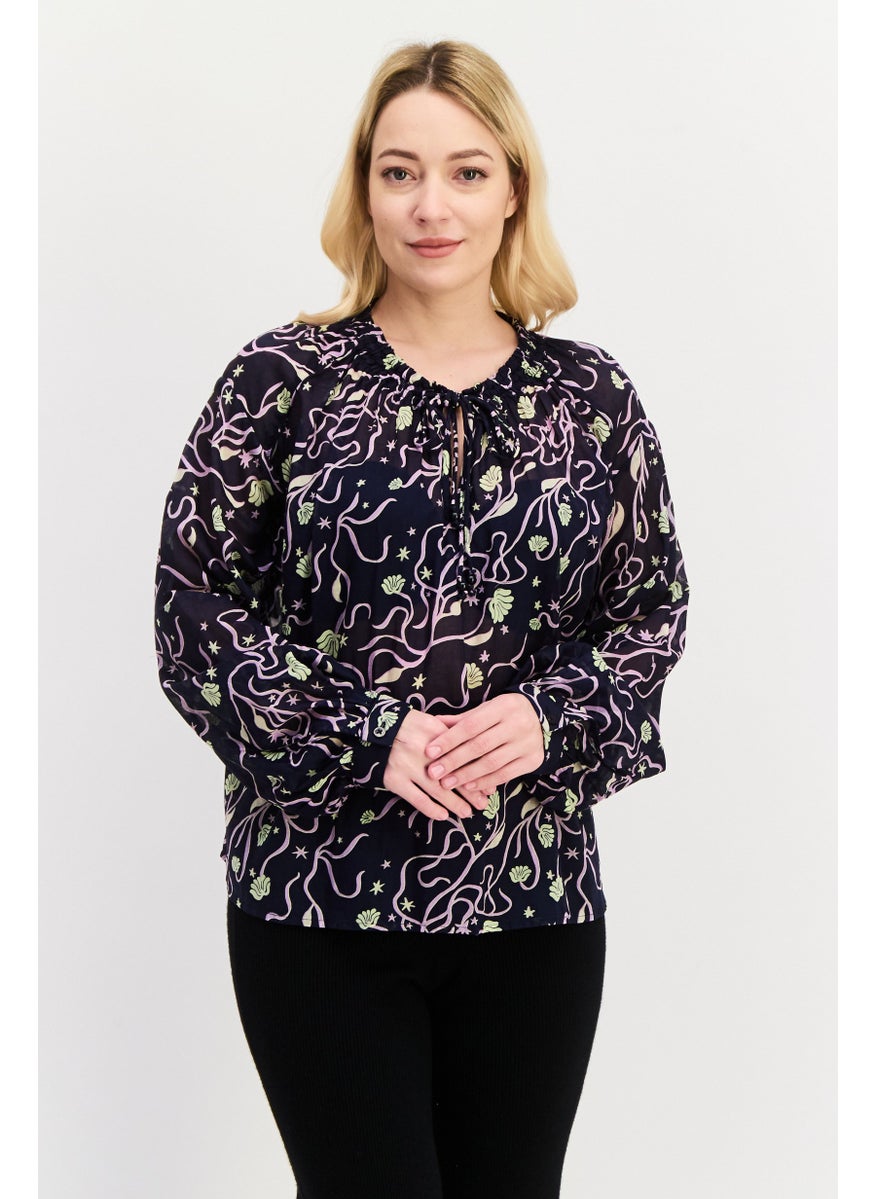 Women Tie Neckline Allover Print Long Sleeve Top, Navy Blue