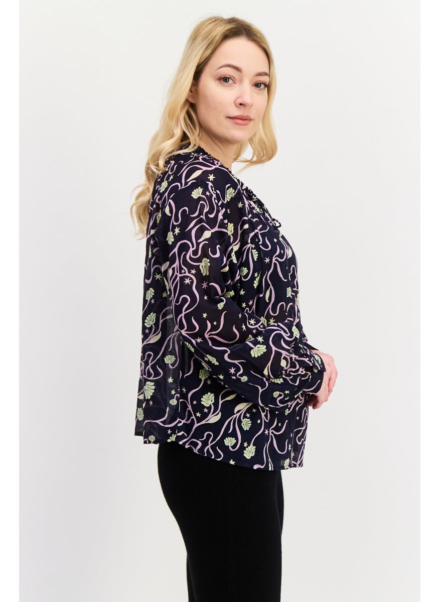 Women Tie Neckline Allover Print Long Sleeve Top, Navy Blue