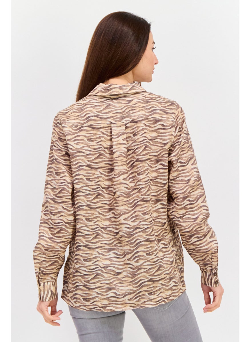Women Spread Collar Long Sleeves Animal Print Shirt, Brown Combo