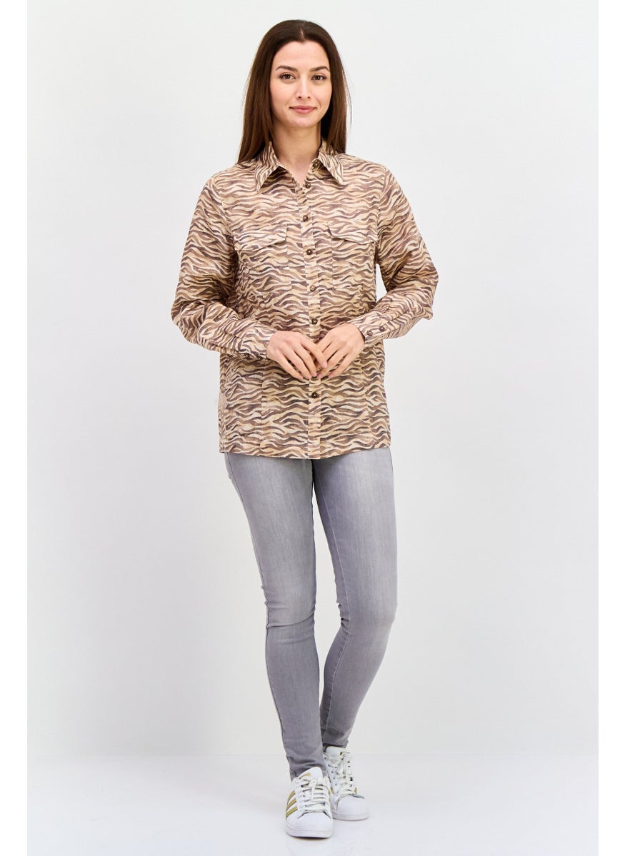 Women Spread Collar Long Sleeves Animal Print Shirt, Brown Combo