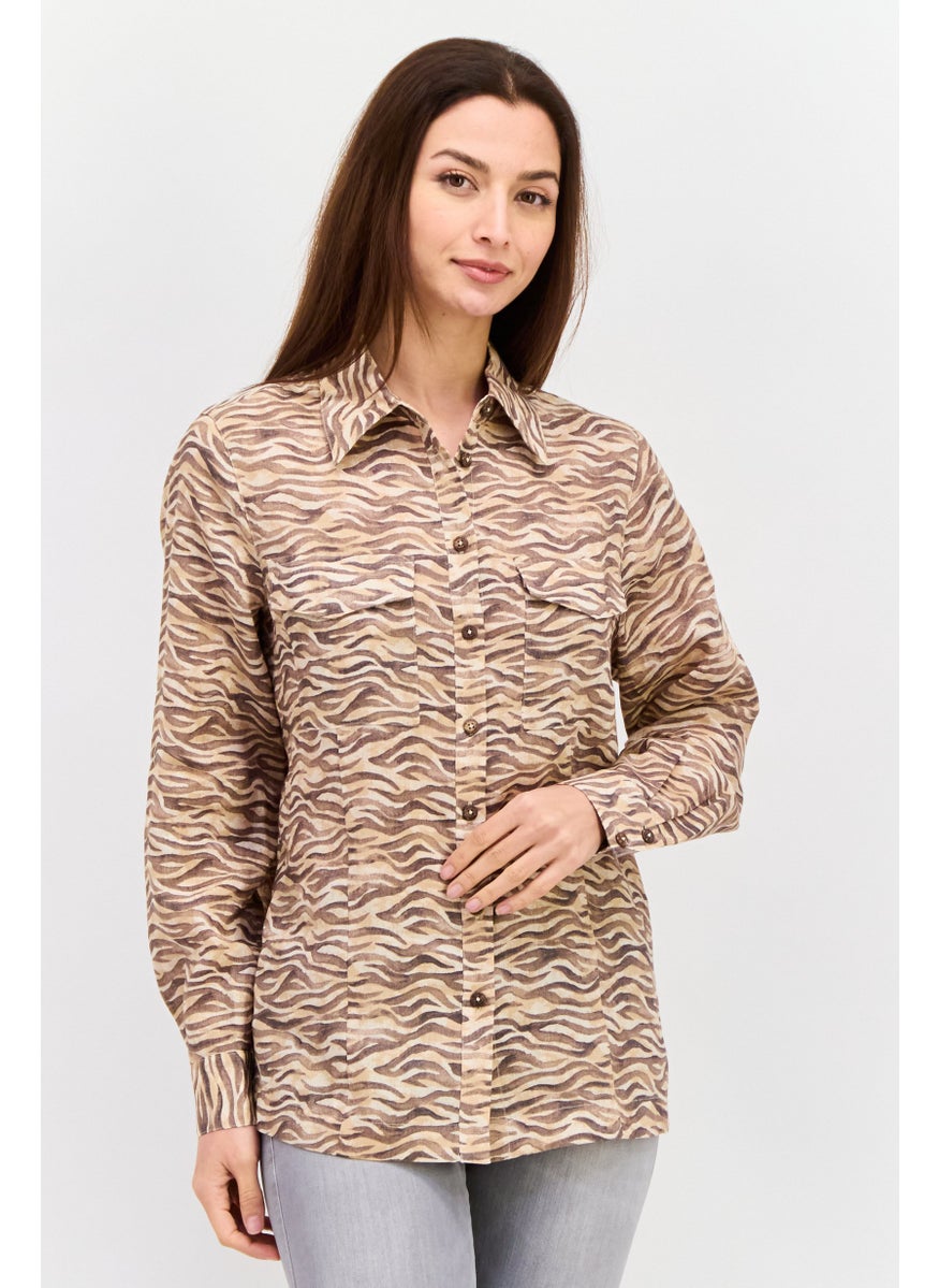 Women Spread Collar Long Sleeves Animal Print Shirt, Brown Combo