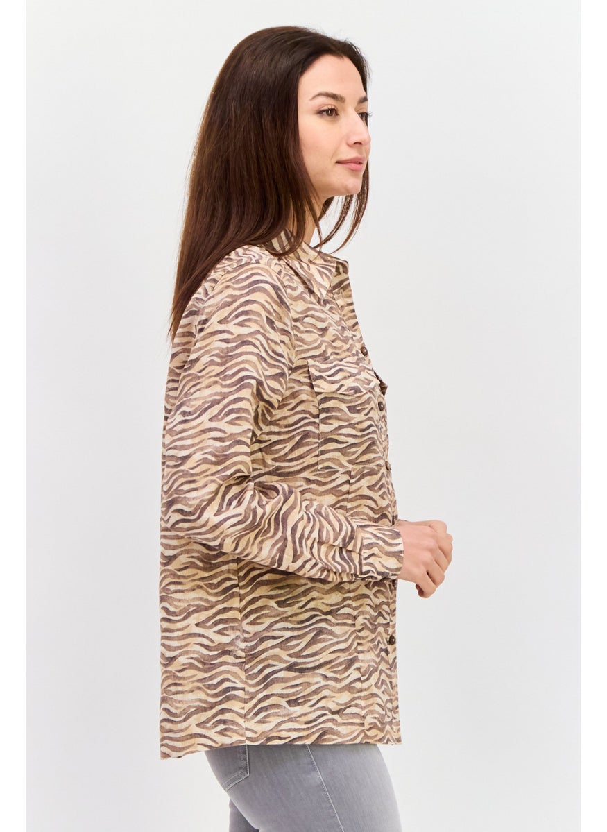 Women Spread Collar Long Sleeves Animal Print Shirt, Brown Combo