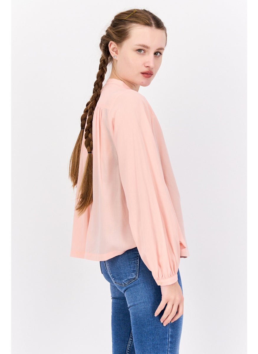 Women Band Collar Long Sleeve Pleated Blouse, Light Peach