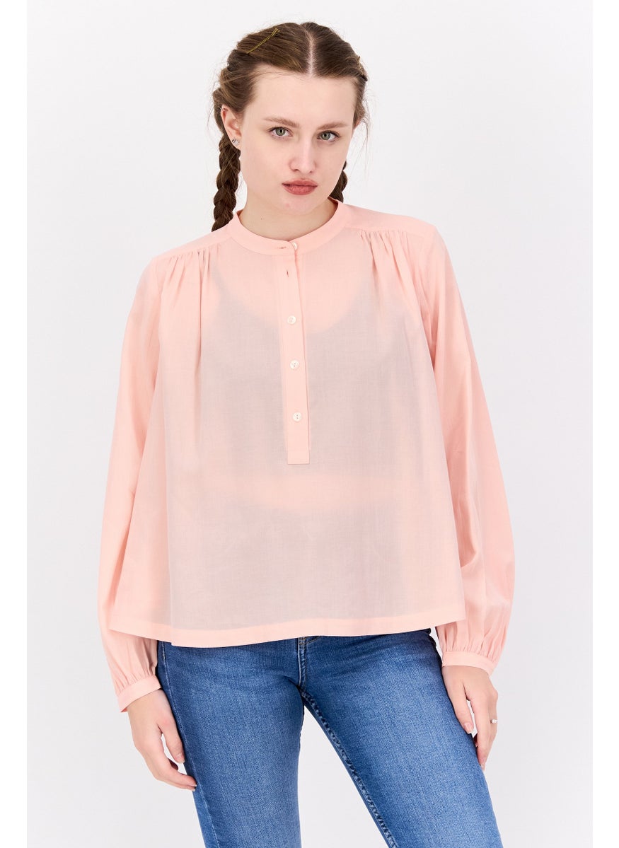 Women Band Collar Long Sleeve Pleated Blouse, Light Peach