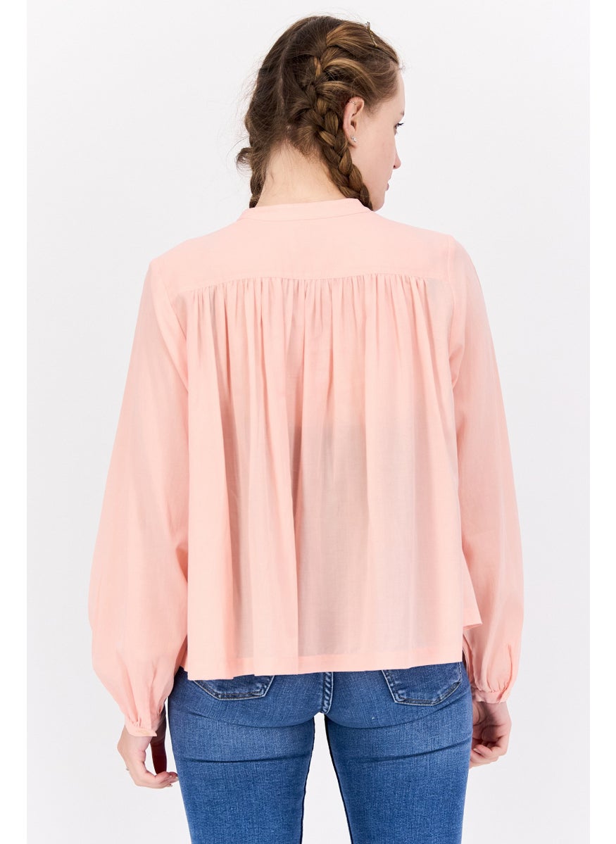 Women Band Collar Long Sleeve Pleated Blouse, Light Peach