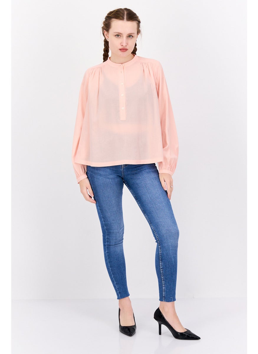 Women Band Collar Long Sleeve Pleated Blouse, Light Peach
