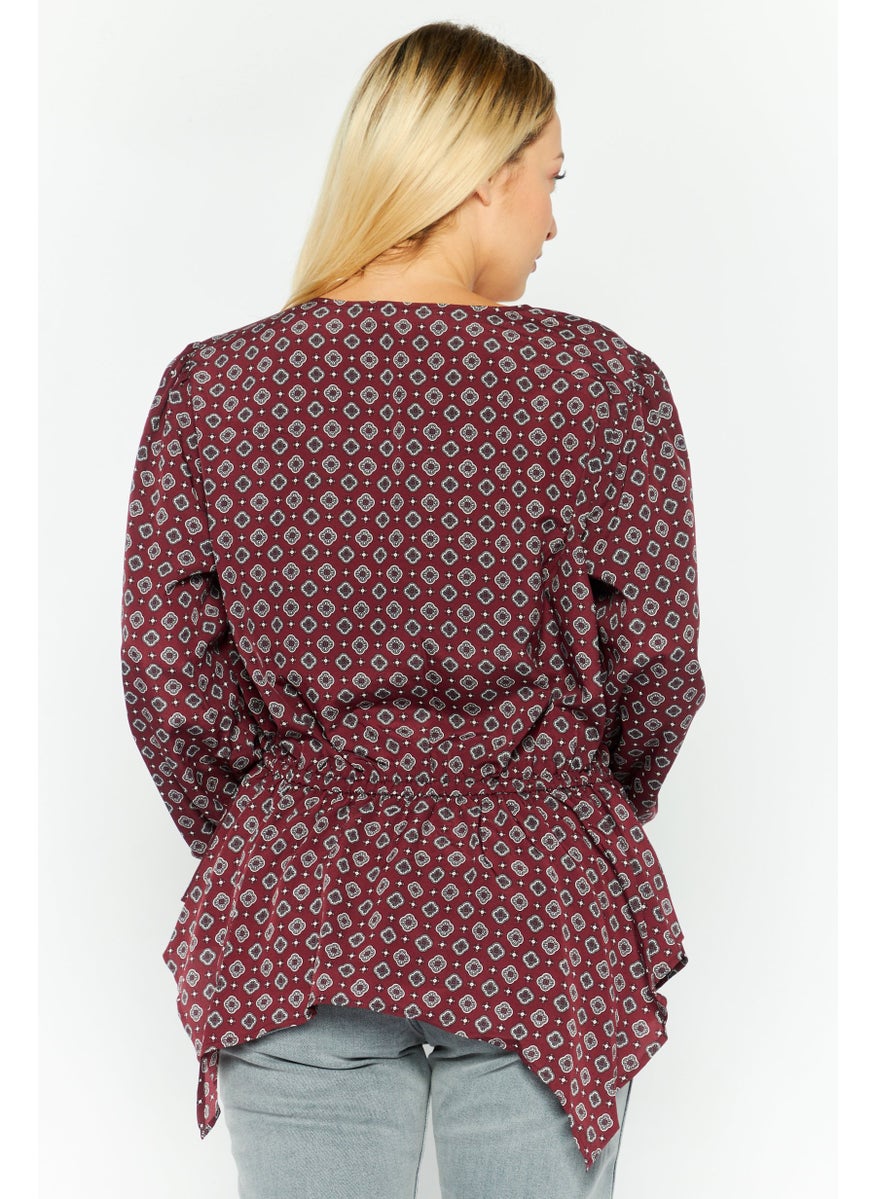Women Plus Size Allover Print Long Sleeve Top, Maroon Combo