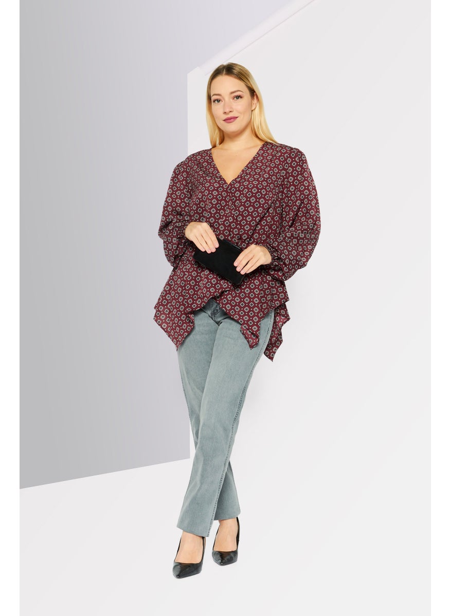Women Plus Size Allover Print Long Sleeve Top, Maroon Combo