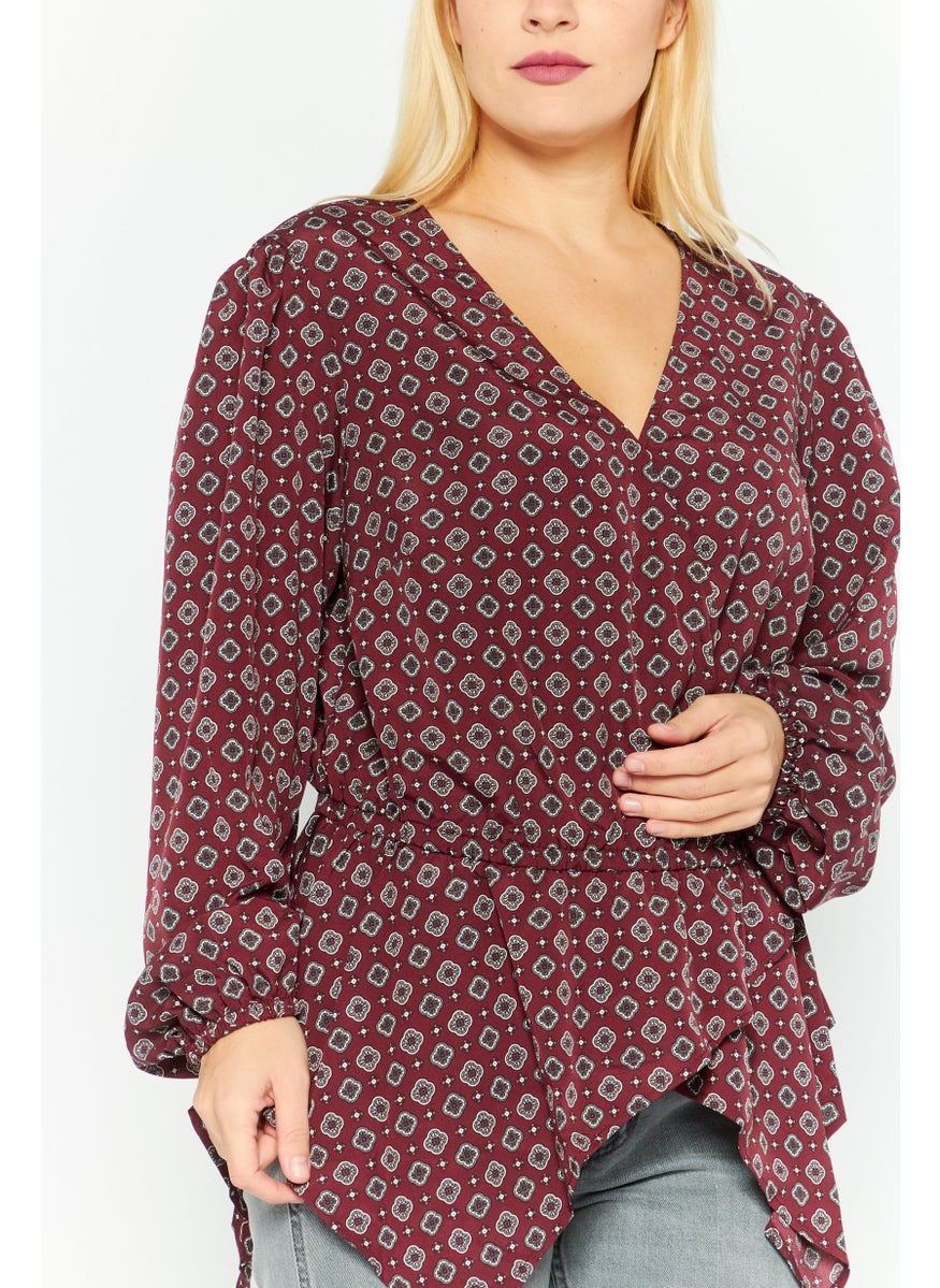Women Plus Size Allover Print Long Sleeve Top, Maroon Combo