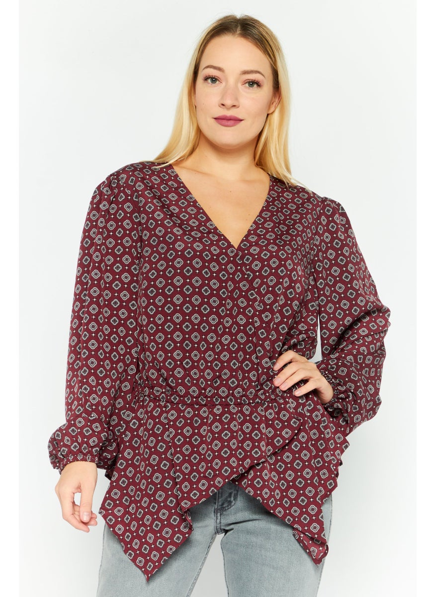 Women Plus Size Allover Print Long Sleeve Top, Maroon Combo