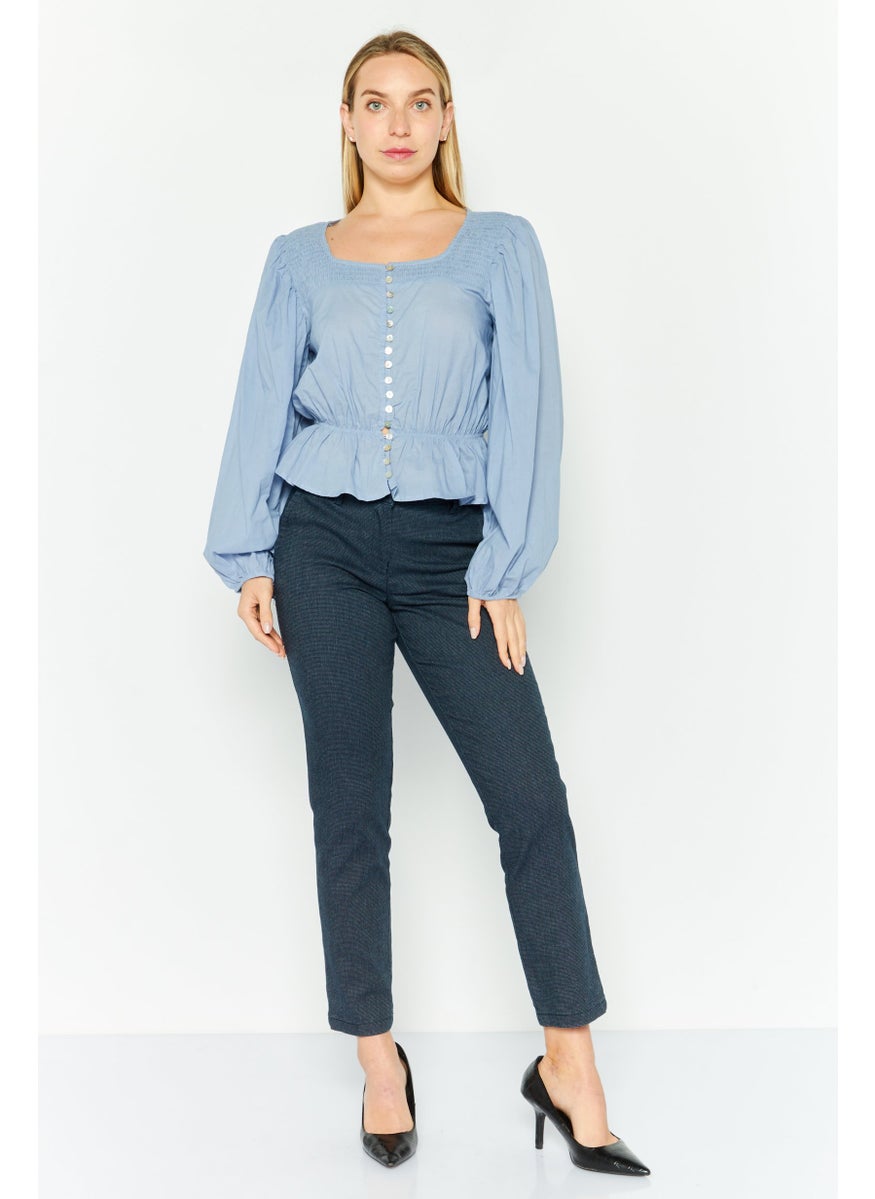 Women Square Neck Puff Sleeve Plain Top, Indigo Blue