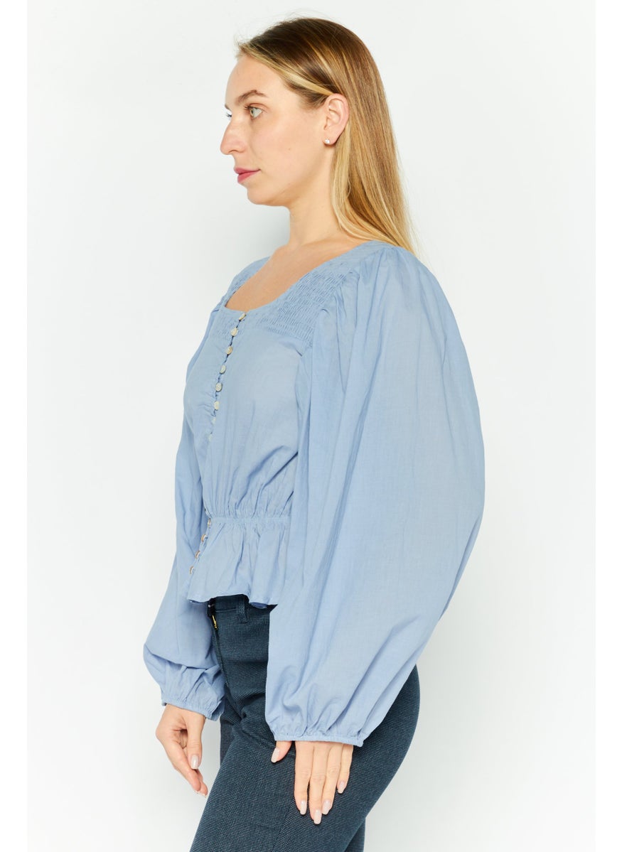 Women Square Neck Puff Sleeve Plain Top, Indigo Blue