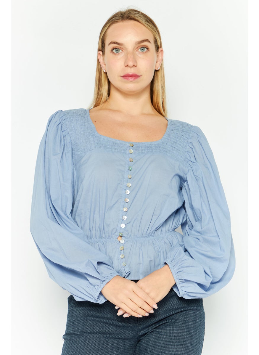 Women Square Neck Puff Sleeve Plain Top, Indigo Blue